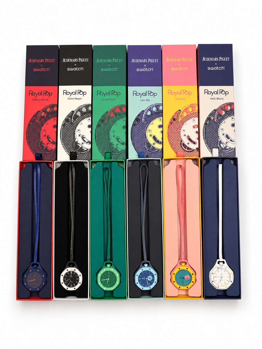 Collection de six montres colorées dans leurs coffrets